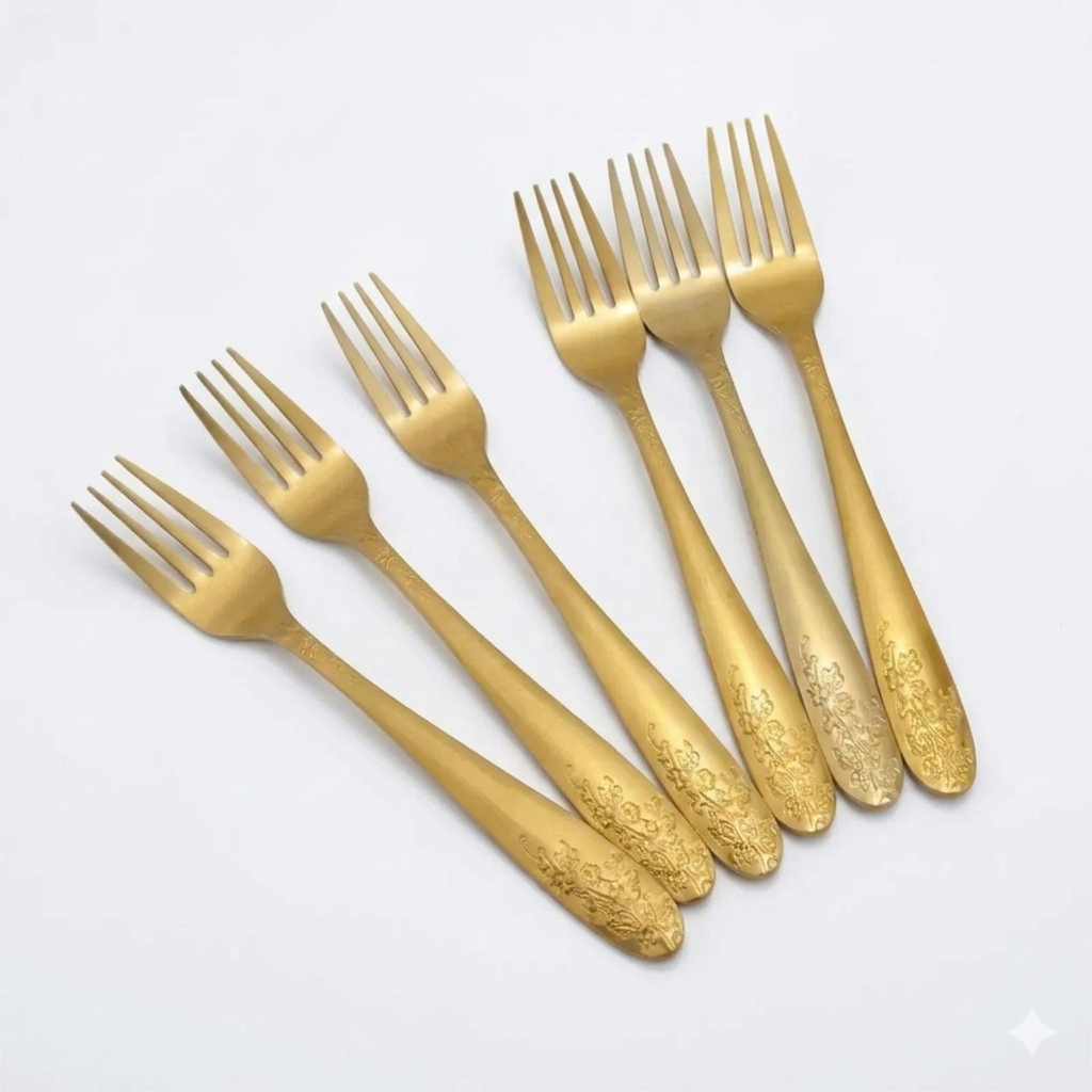 6-Piece Golden Stainless Steel Fork Set | Luxury Printed Design